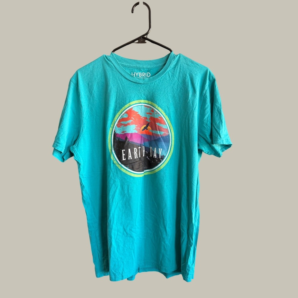 Hybrid Apparel Earth Day Graphic T-Shirt Mens Large Teal Sunset‎ Nature Tee